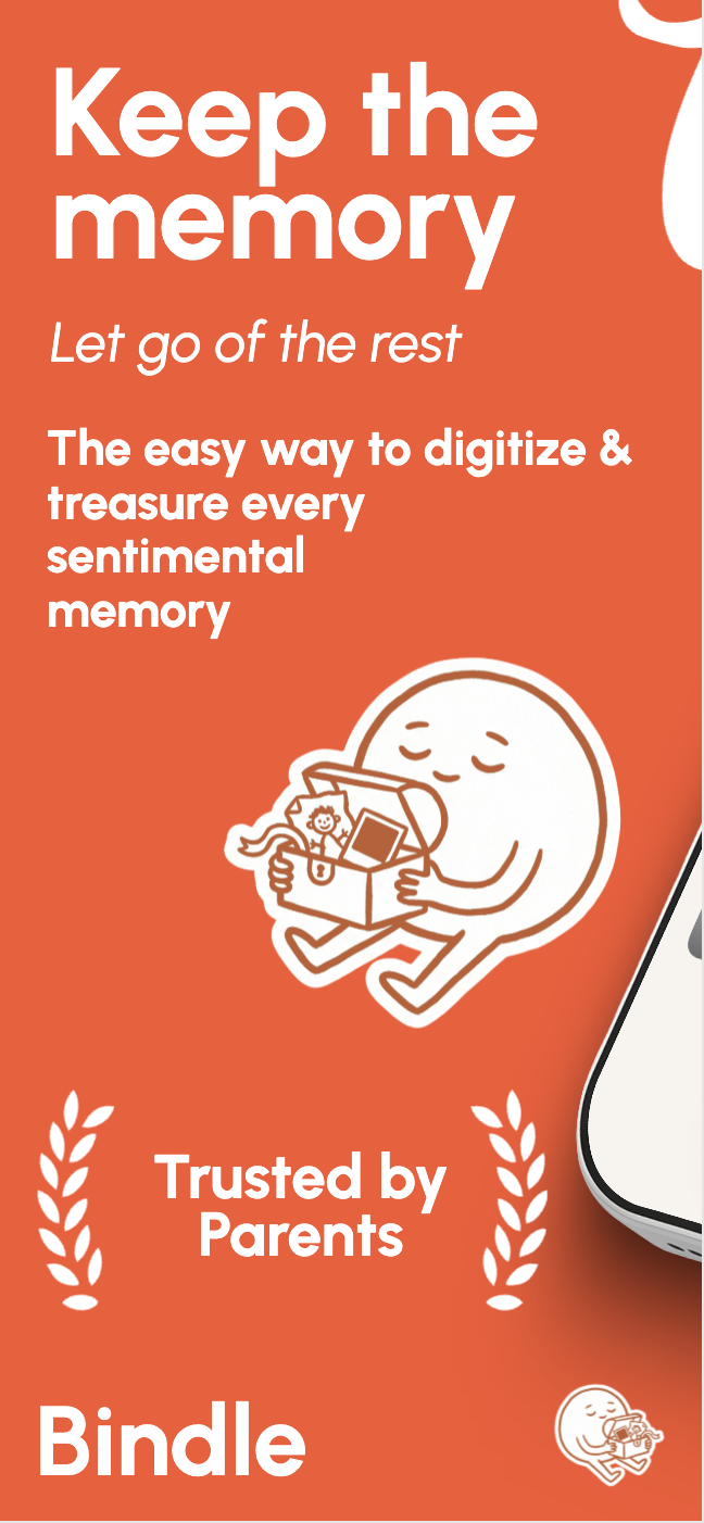 The Bindle app cover screen reading 'Keep the memory, let go of the rest', the easy way to digitize and treasure every sentimental memory
