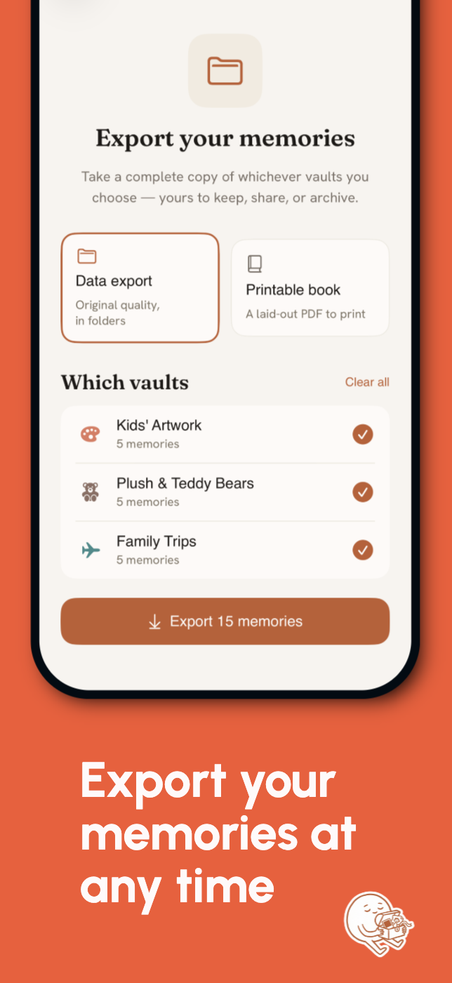 The Bindle export screen for downloading a vault as a data export or a printable book