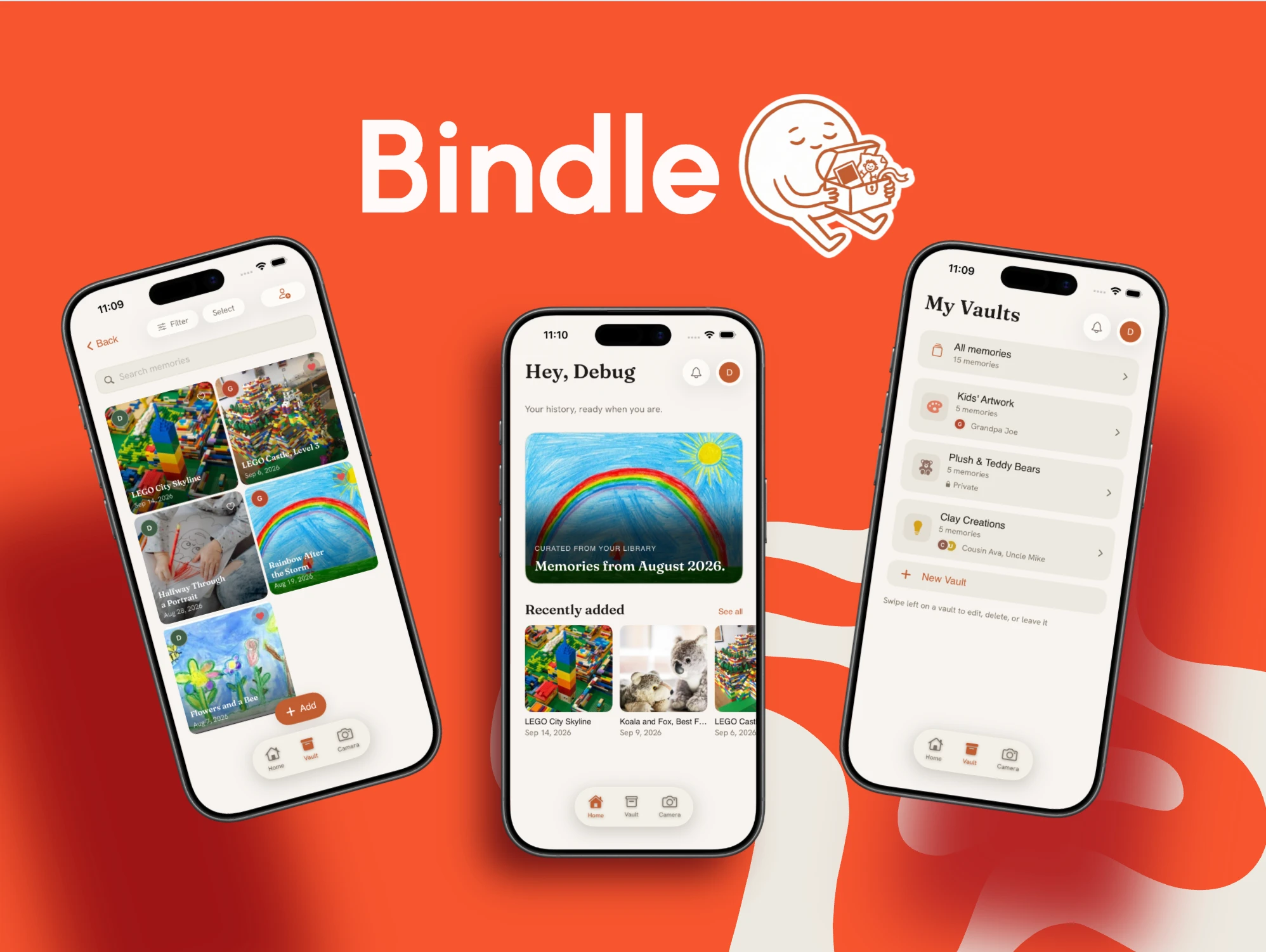 The Bindle app showing a family vault, the home feed, and the My Vaults screen on three phones