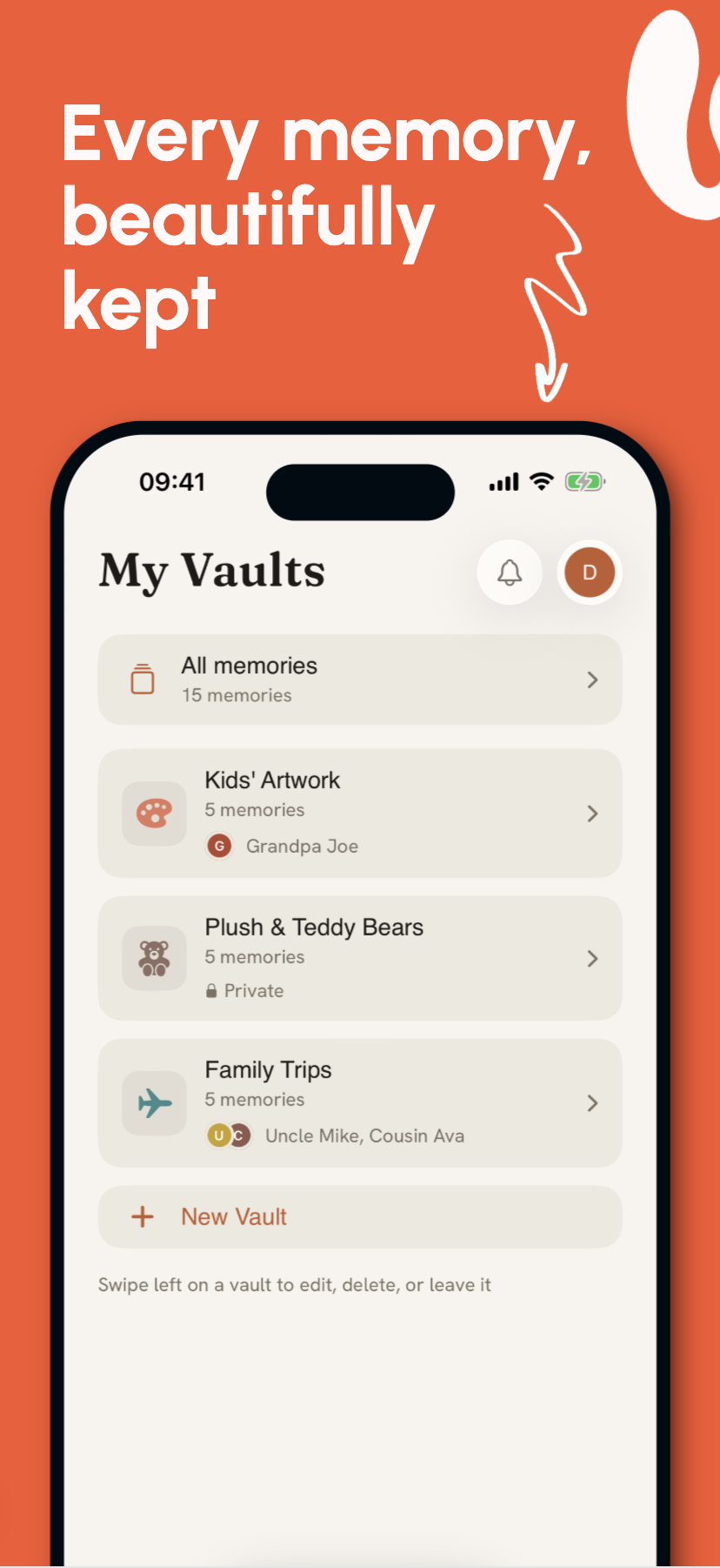 The Bindle My Vaults screen listing the Kids' Artwork, Plush & Teddy Bears, and Family Trips vaults