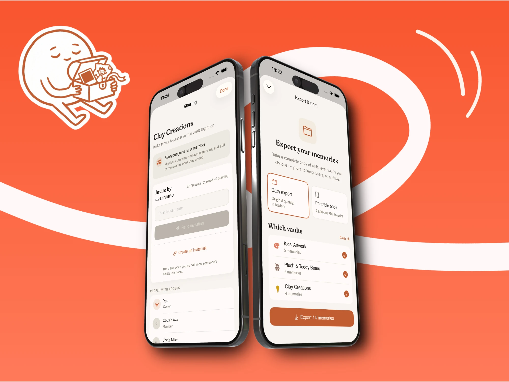The Bindle app showing the sharing screen for inviting family members, and the export screen for downloading or printing a vault