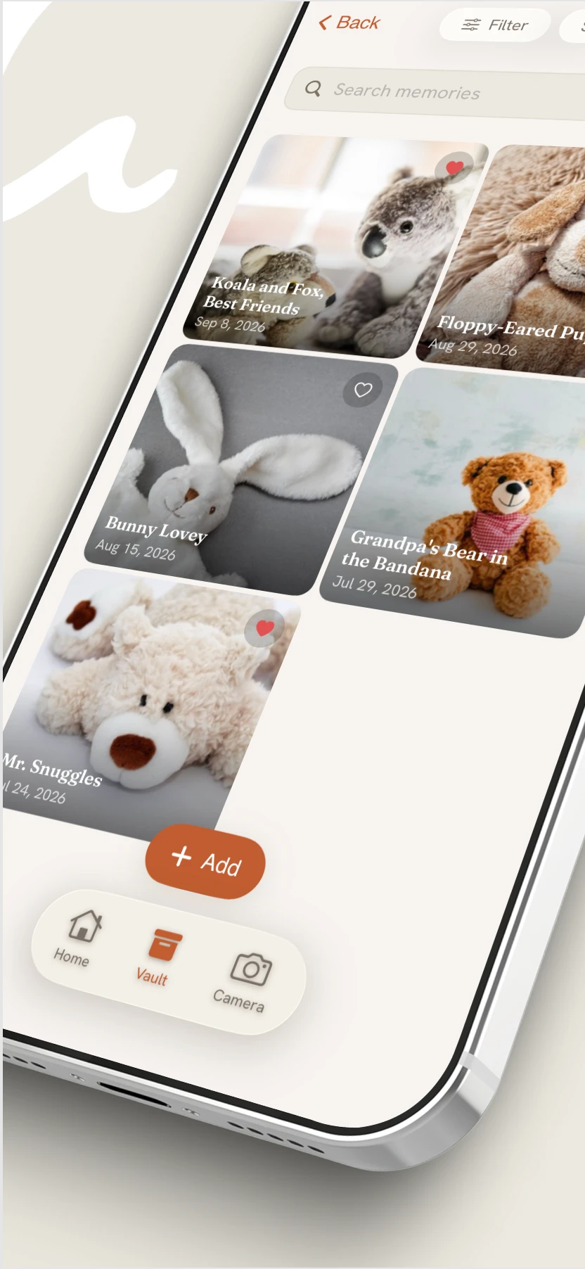 The Bindle vault grid showing plush toy and teddy bear memories, each tagged with a name and date